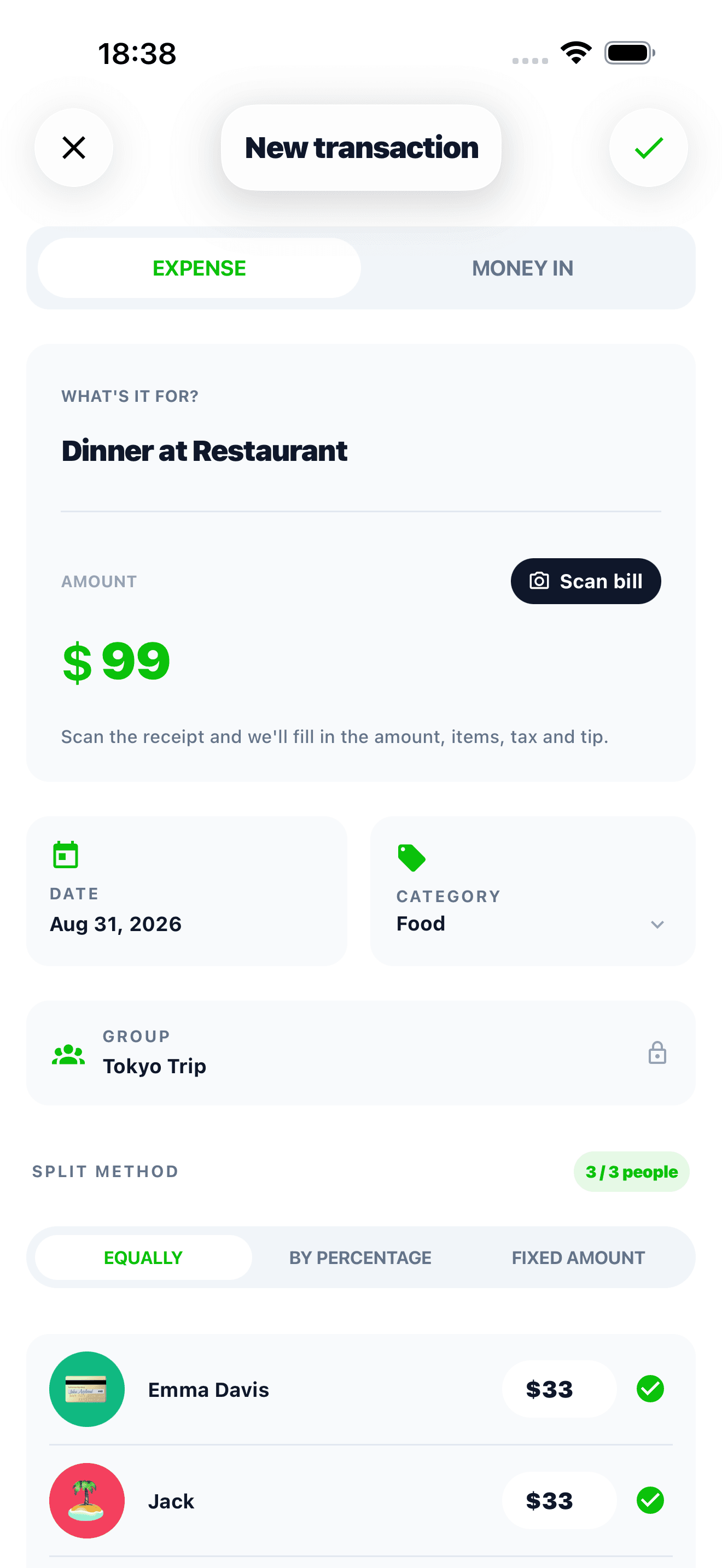 Create transaction screen